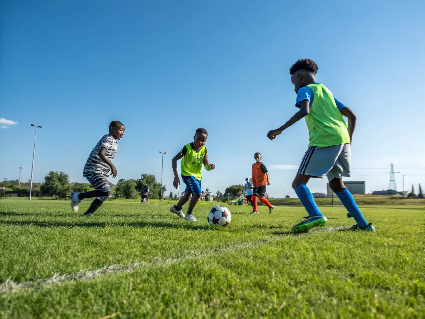 A group of young football players, both boys and girls, participating in a training session at Icons Sporting Football Academy, showcasing teamwork and skill development.