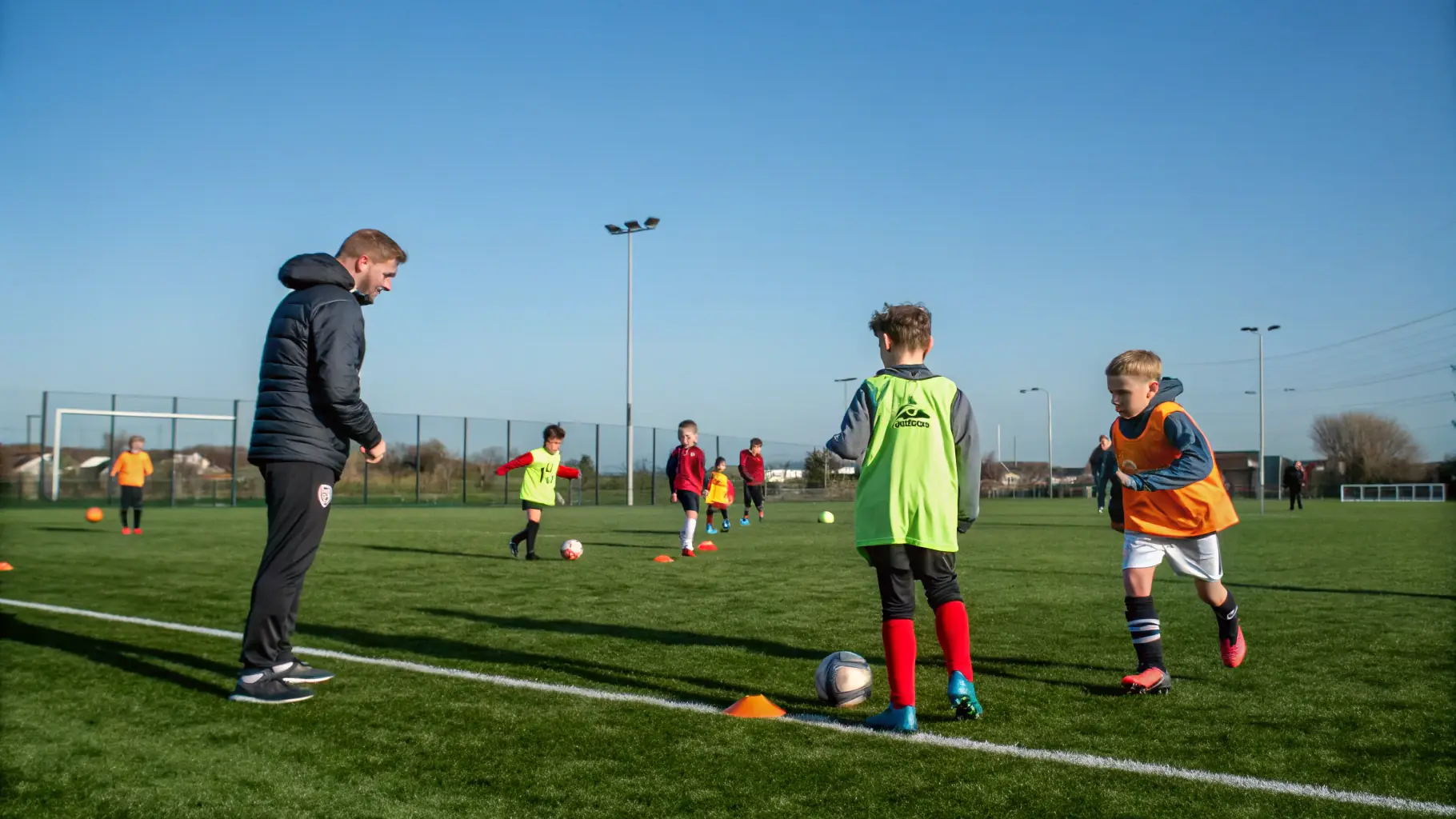A group of young football players from Icons Sporting Football Academy training with coaches from a UK academy on a well-maintained football field.