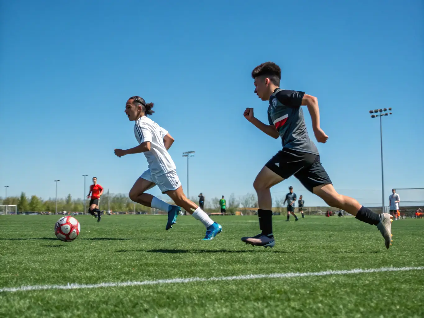 An action shot of young adults playing a competitive football match, highlighting their agility, speed, and strategic play.