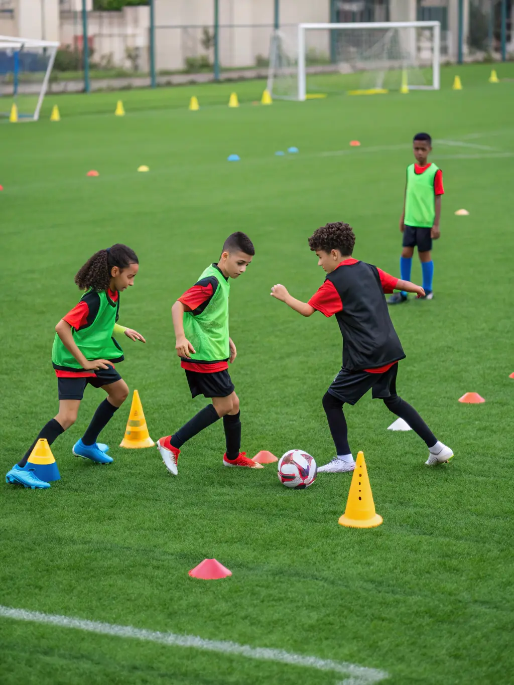 A dynamic image of U13 players executing tactical drills during a training session at Icons Sporting Football Academy, showcasing skill development and tactical awareness.
