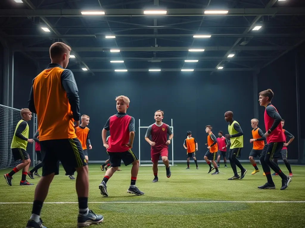 A group of young adult football players, aged 19-21, participating in a high-intensity training session, focusing on competitive development and trial preparation. The image showcases the dedication and ambition of the U19-U21 program.