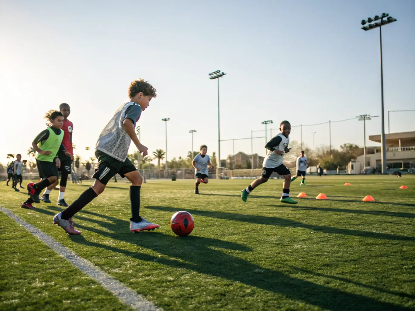 Teenage football players, aged 15-17, engaged in a focused training session, practicing advanced techniques and tactical formations under the guidance of experienced coaches. The image highlights the intensity and skill development of the U15-U17 program.
