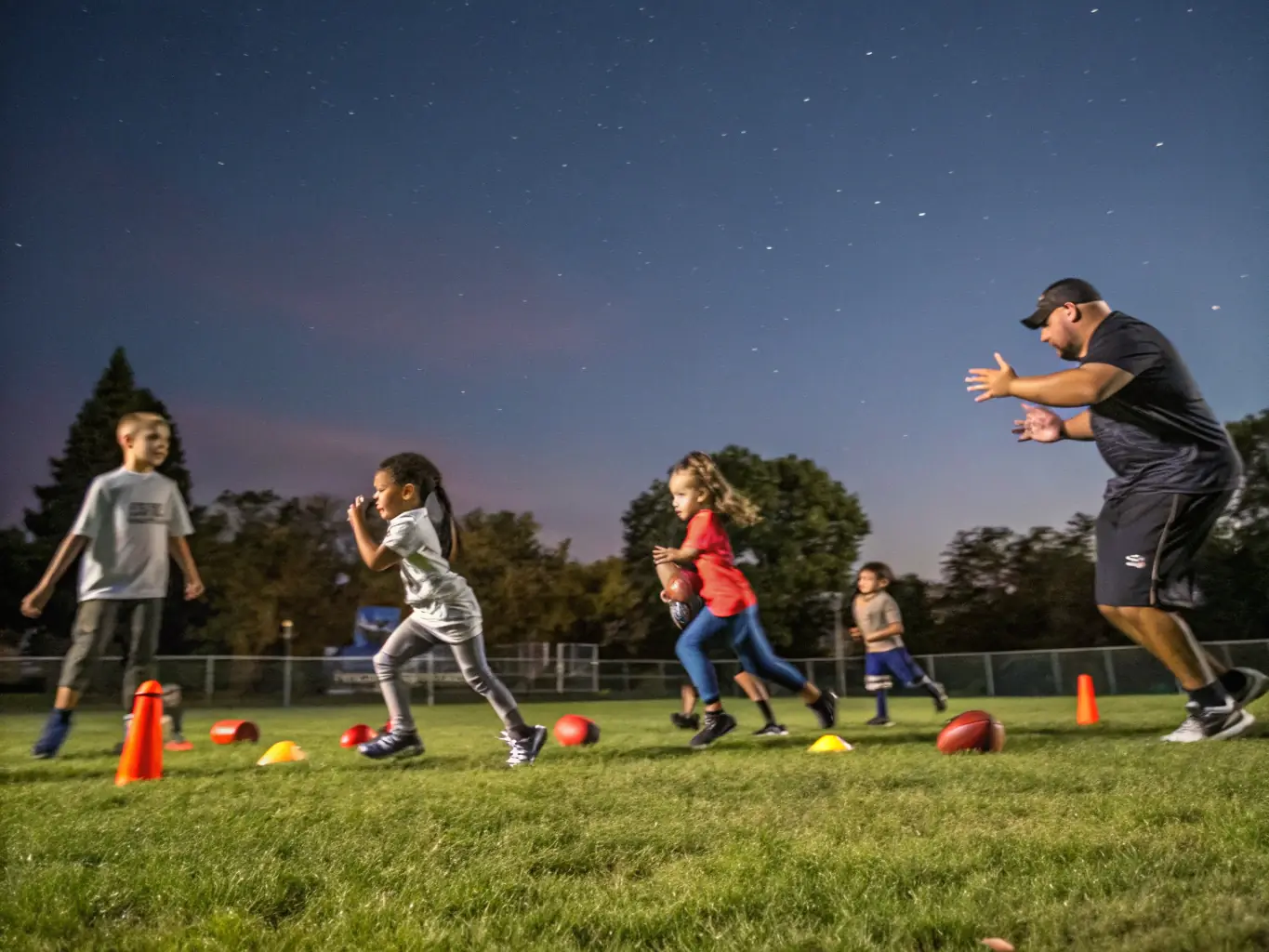 A group of young children, around 5-6 years old, participating in a fun, introductory football drill on a sunny field, with a coach guiding them with enthusiasm. The scene captures the joy and energy of the U5 program.
