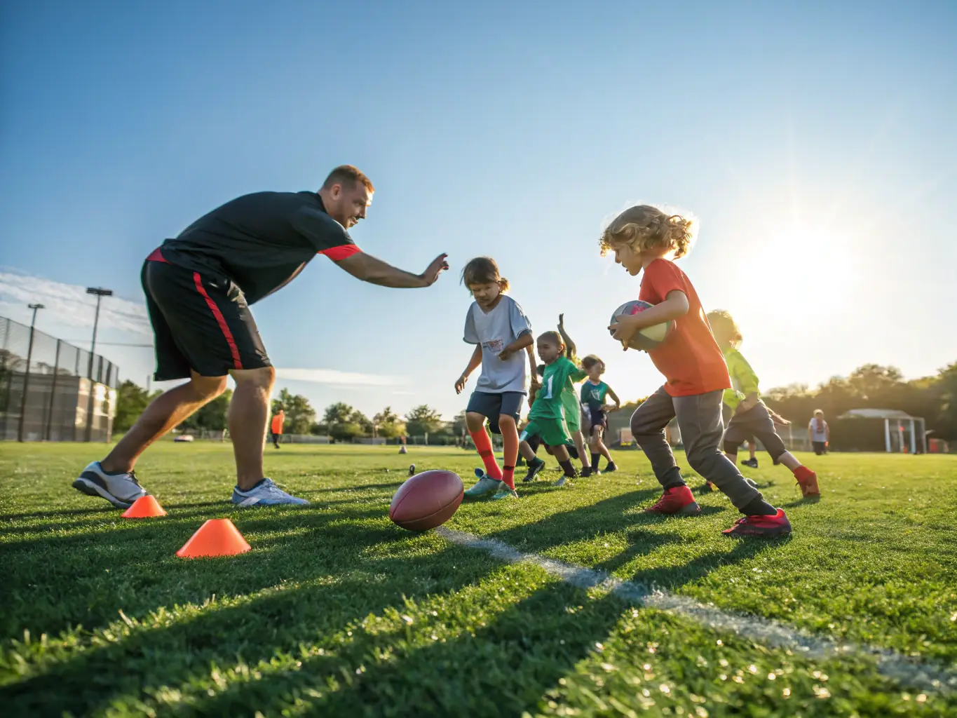A photo of a coach at Icons Sporting Football Academy interacting positively with young players, emphasizing the academy's supportive and encouraging atmosphere.