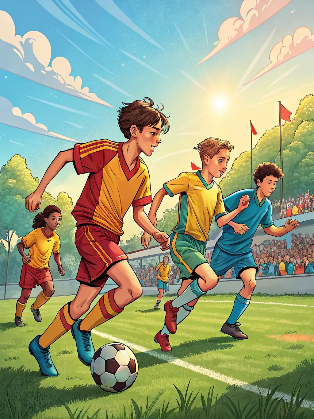 An action shot of U9 players demonstrating teamwork during a small-sided game at Icons Sporting Football Academy, emphasizing foundational techniques and fair play.