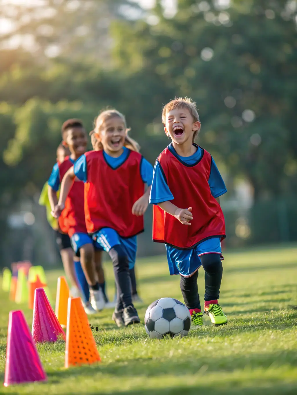 A vibrant image of U5 players engaged in a fun, introductory football drill at Icons Sporting Football Academy, focusing on basic movement and ball contact, set against the backdrop of Bohra Primary School.