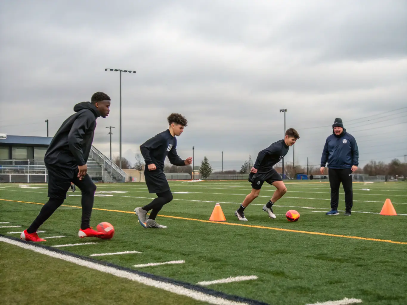 A powerful image of young adults, aged between 17 and 21, participating in an advanced football training session at Icons Sporting Football Academy, emphasizing the academy's focus on preparing players for professional careers.