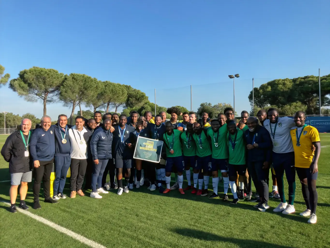 A group of Icons Sporting Football Academy players posing for a photo with representatives from a UK-based football academy during an international exchange program.